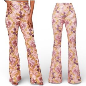New Lucille Embroidered Boot Cut Wide Leg Floral Pant Size Large in Pink/Combo